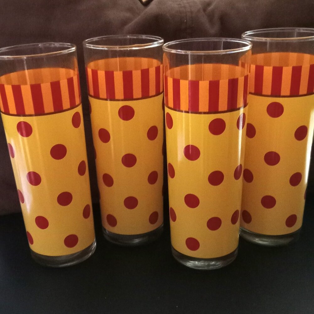 Gail Pittman 4 Retro MCM Polka Dot Striped Yellow And Red Drinking Glasses - Picture 2 of 3